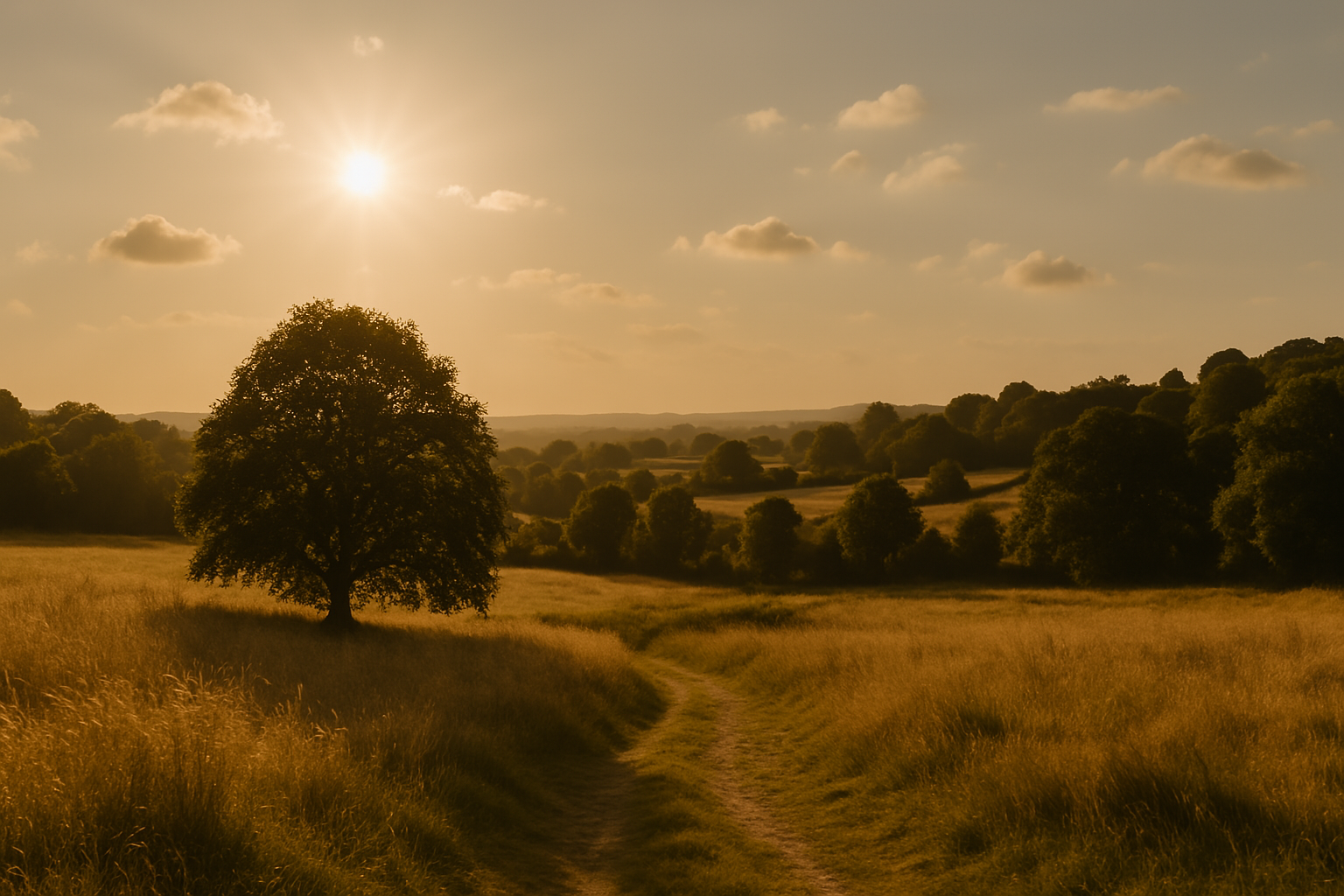 Golden sunset over a peaceful countryside meadow with a dirt path leading into the distance, surrounded by trees and rolling hills under a warm, glowing sky.